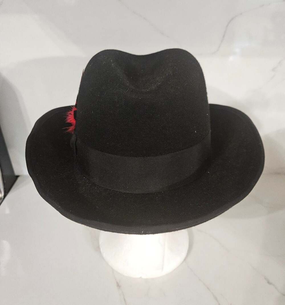 Classic Black Wool Felt Fedora Hat with Red Feather Accent